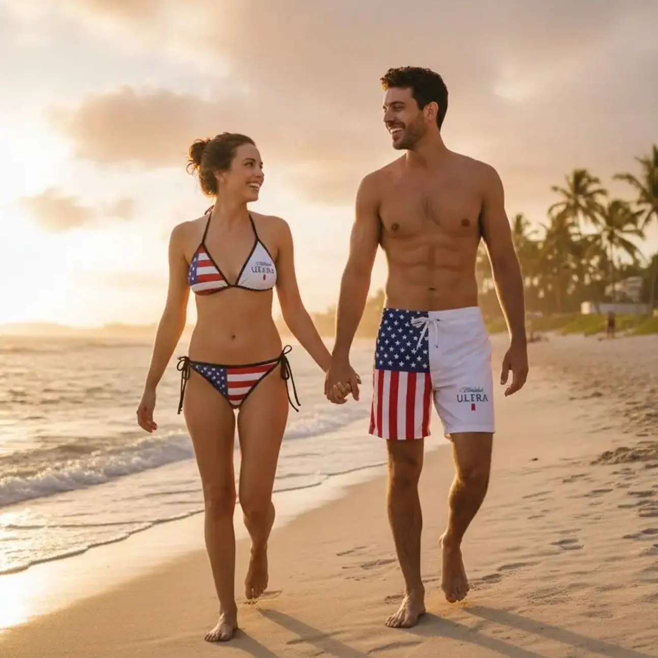Matching US flag-print swimwear set, including a bikini and shorts; ideal for beach outings and romantic getaways.