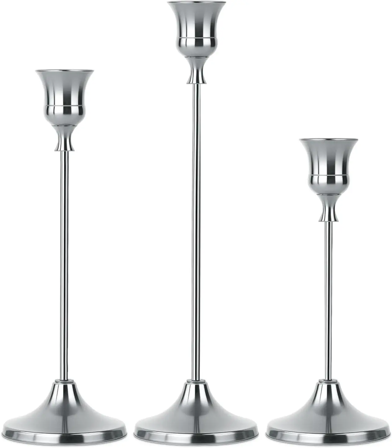 Elegant 3-Piece Silver Tapered Candle Holder Set Tall Metal Candlesticks for Table Centerpiece Home Decor Wedding Fireplace Mantel Housewarming Gift Fits 3/4 Inch Candles