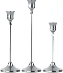Elegant 3-Piece Silver Tapered Candle Holder Set Tall Metal Candlesticks for Table Centerpiece Home Decor Wedding Fireplace Mantel Housewarming Gift Fits 3/4 Inch Candles