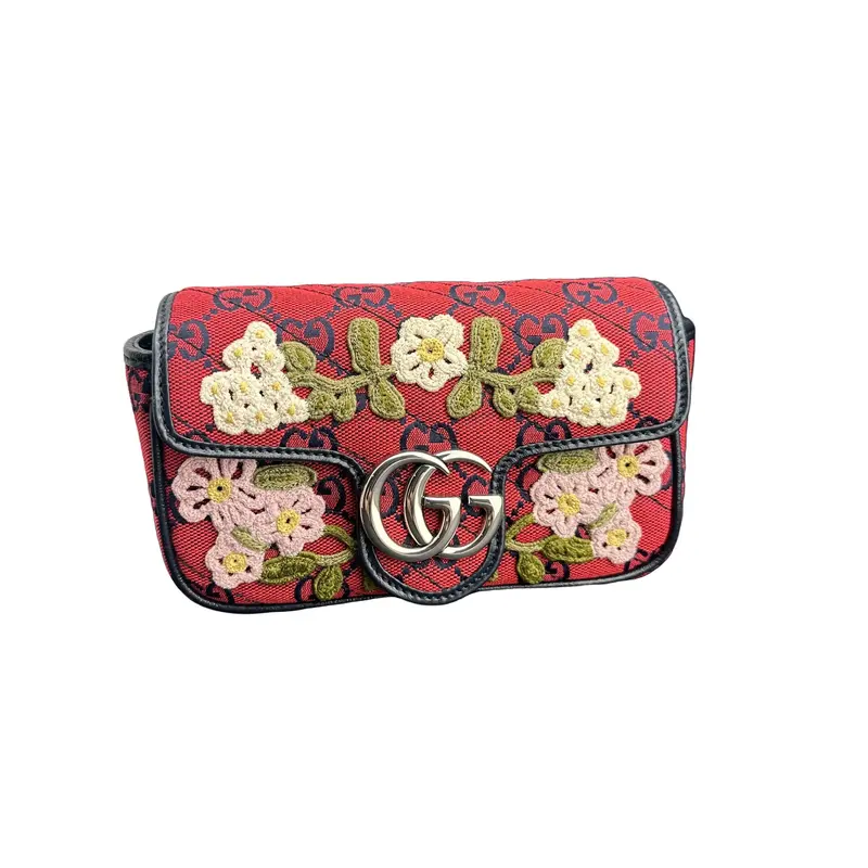 Pre-owned GUCCI GG Monogram Canvas mini bags Monogram Multicolor Super Mini GG Marmont in Red with Floral Embroidery