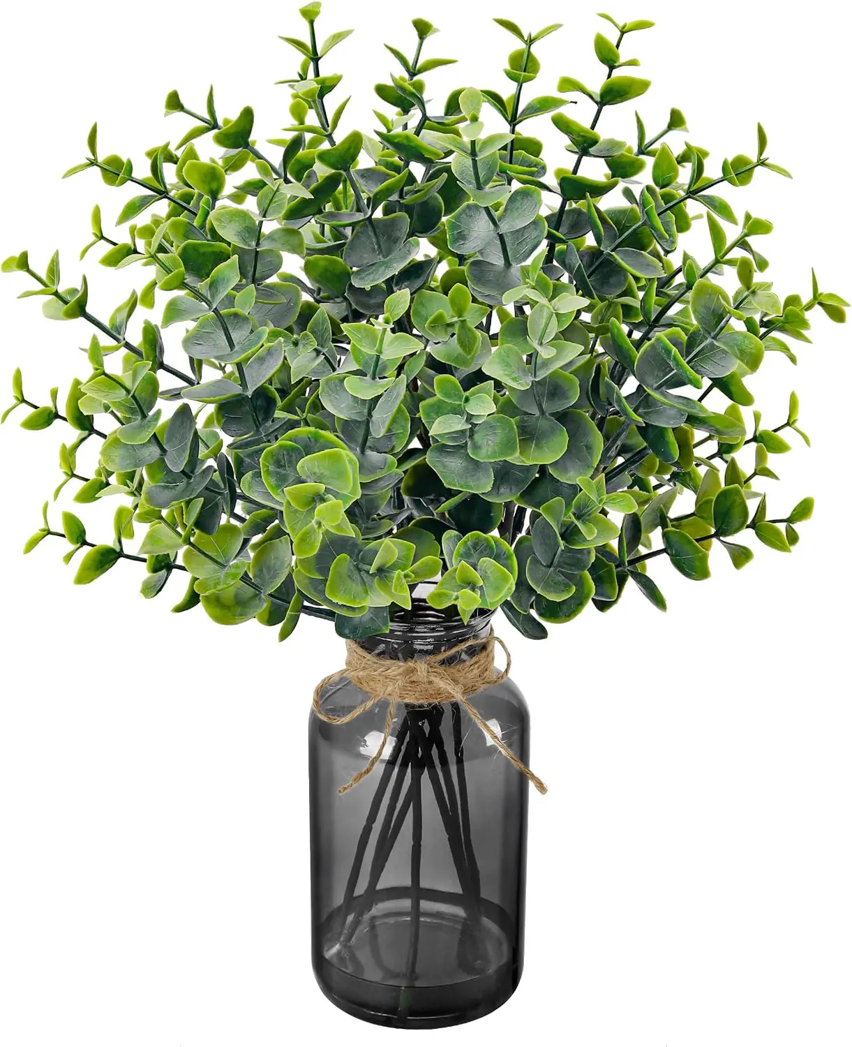 Der Rose 14.5" Sage Sohochic Green Faux Eucalyptus in Black Glass Vase - Easy-Care Artificial Greenery, Bold Vase, Sleek Modern Decor for Desk, Office Shelf
