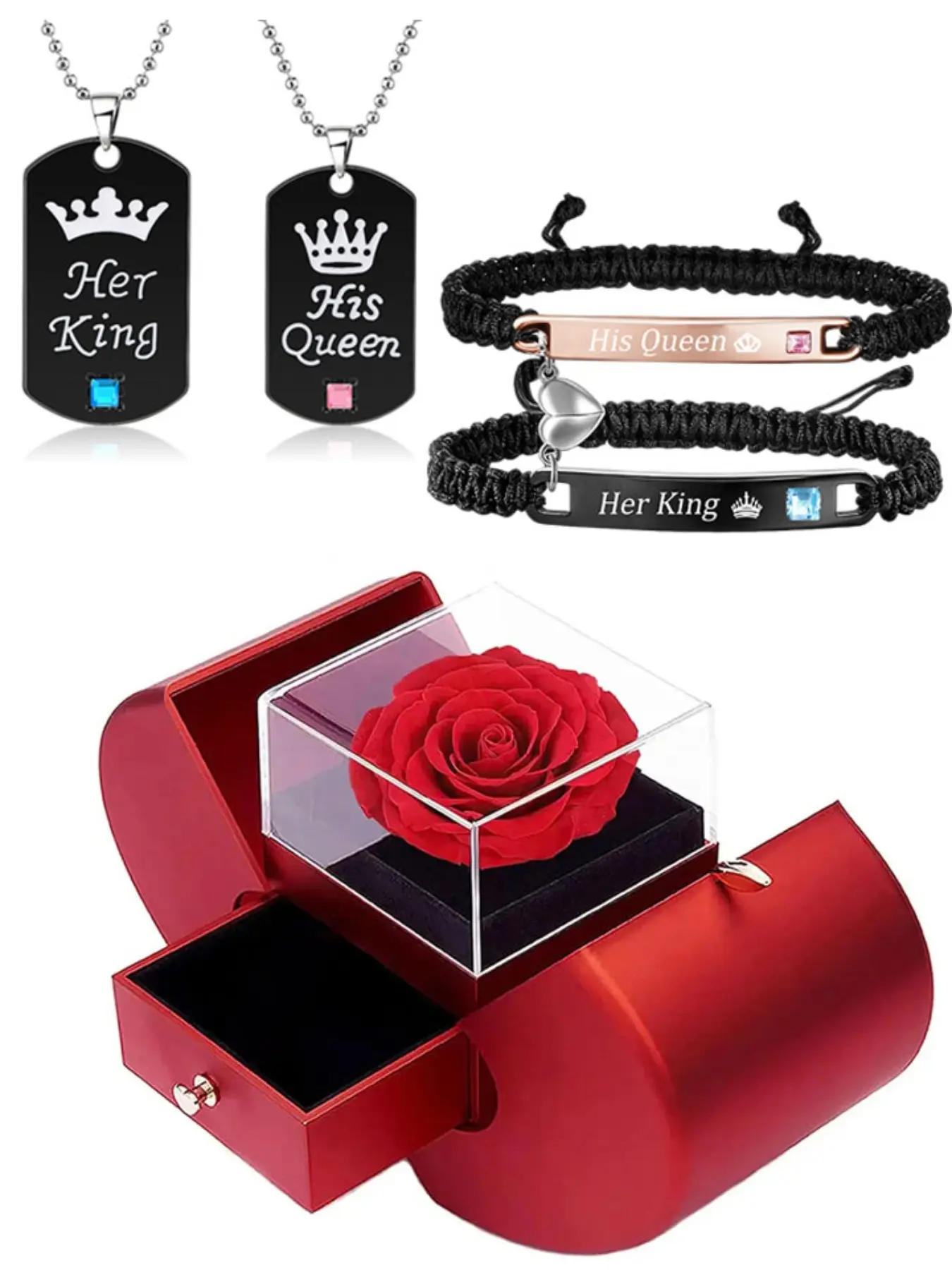 Couple Bracelet Set Promise Bangle and Necklace Apple Gift Box Personalized Couple Ring Bracelets, Valentine's Day Present Couples Jewelry Set Jewellery Gift Set