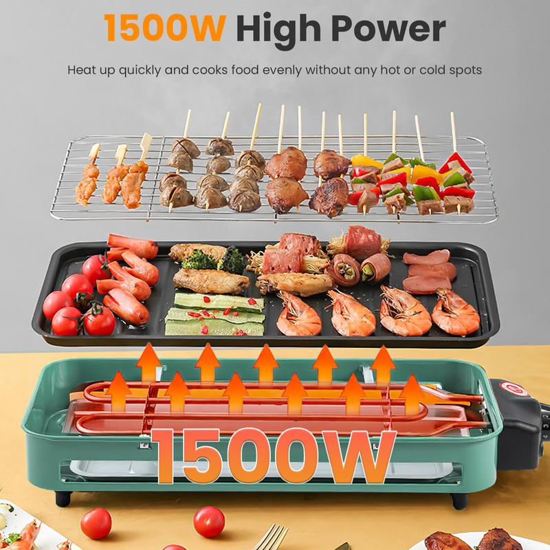 1500W Electric Indoor Grill 2-in-1 BBQ with Grill Net Removable Plate 5 Temp Control 3 Trays Dishwasher Safe for Indoor & Outdoor Parties