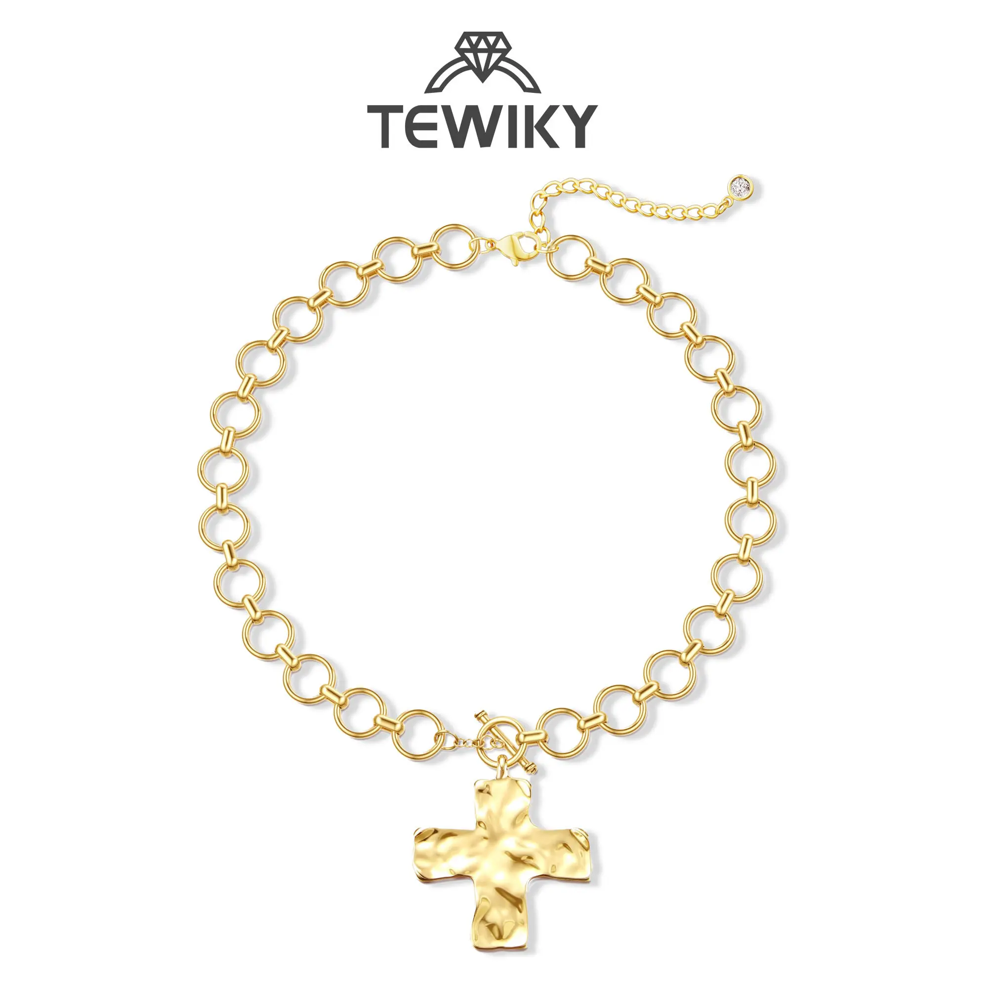 Tewiky Gold Chunky Necklace For Women Statement Cross Pendant Necklace Layered Hammered Bold Cross Necklace Vintage Toggle Clasp Necklace Jewelry For Easter