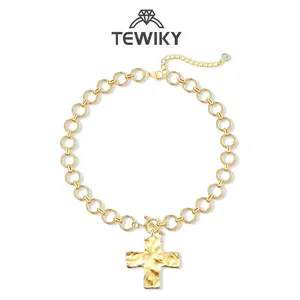 Tewiky Gold Chunky Necklace For Women Statement Cross Pendant Necklace Layered Hammered Bold Cross Necklace Vintage Toggle Clasp Necklace Jewelry For Easter