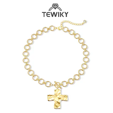 Tewiky Gold Chunky Necklace For Women Statement Cross Pendant Necklace Layered Hammered Bold Cross Necklace Vintage Toggle Clasp Necklace Jewelry For Easter