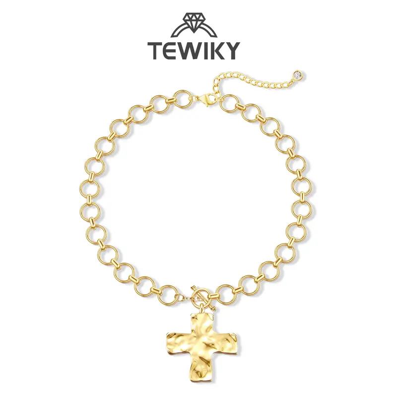Tewiky Gold Chunky Necklace For Women Statement Cross Pendant Necklace Layered Hammered Bold Cross Necklace Vintage Toggle Clasp Necklace Jewelry For Easter