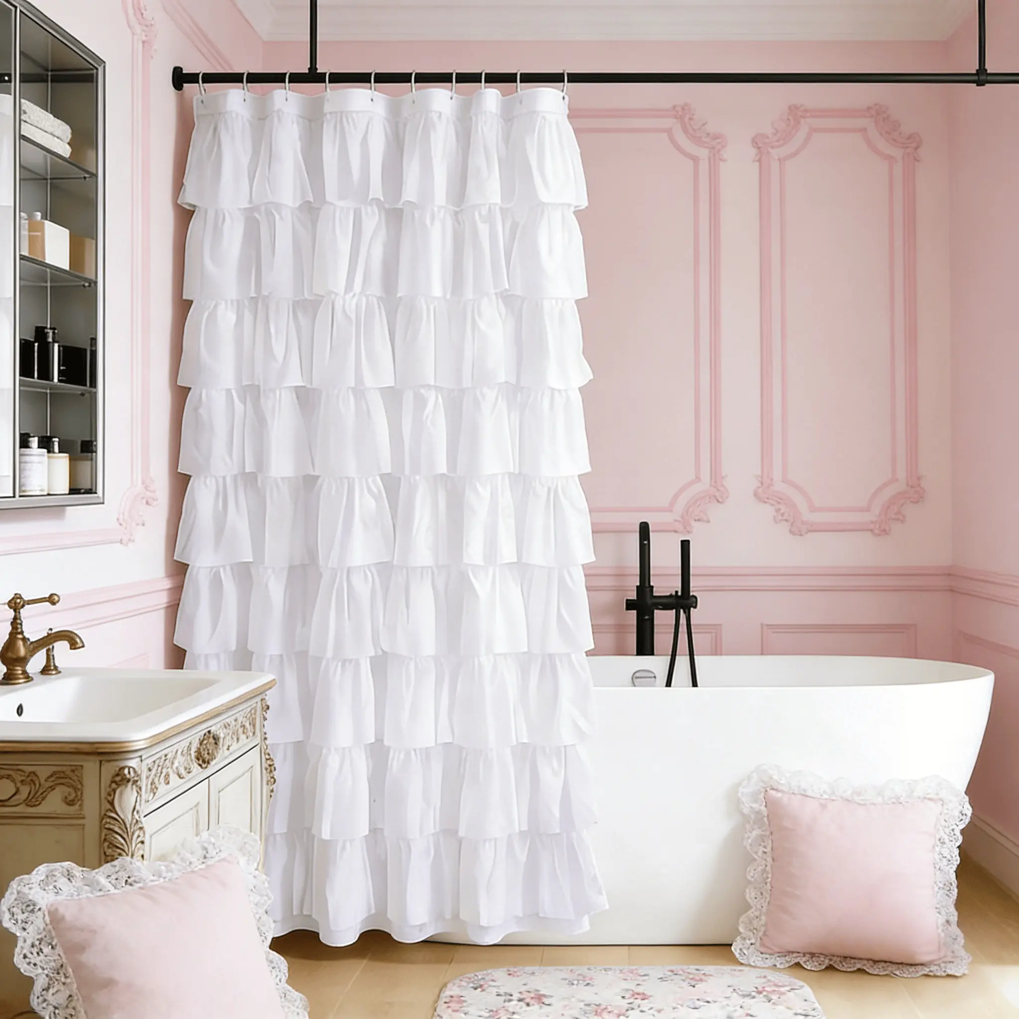 White Ruffled Pretty Shower Curtain Set for Farmhouse Bathroom, Double-layer Fabric, Textured Design, 72 x 72 Inches, Opaque, for Elegant Decoration.