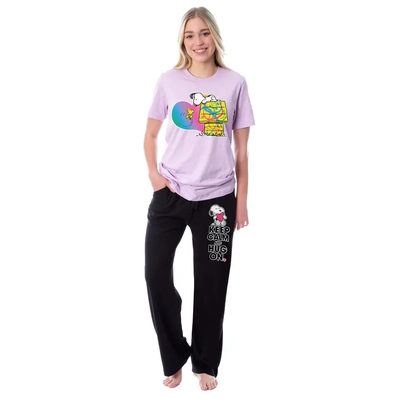 Peanuts Womens' Snoopy Woodstock Keep Calm Hug On Character Splatter Paint Sleep Pajama Set