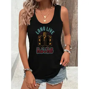 Women's Basic Polyester Tank Top - Casual Sleeveless Black Vest with Letter Prints, Breathable, Skin-Friendly, Versatile, Comfortable, Fits Spring and Summer Wear