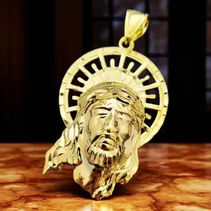 14K SOLID GOLD FINISH BRASS GOLD PLATED JESUS HEAD LARGE BLING CHARM PENDANT