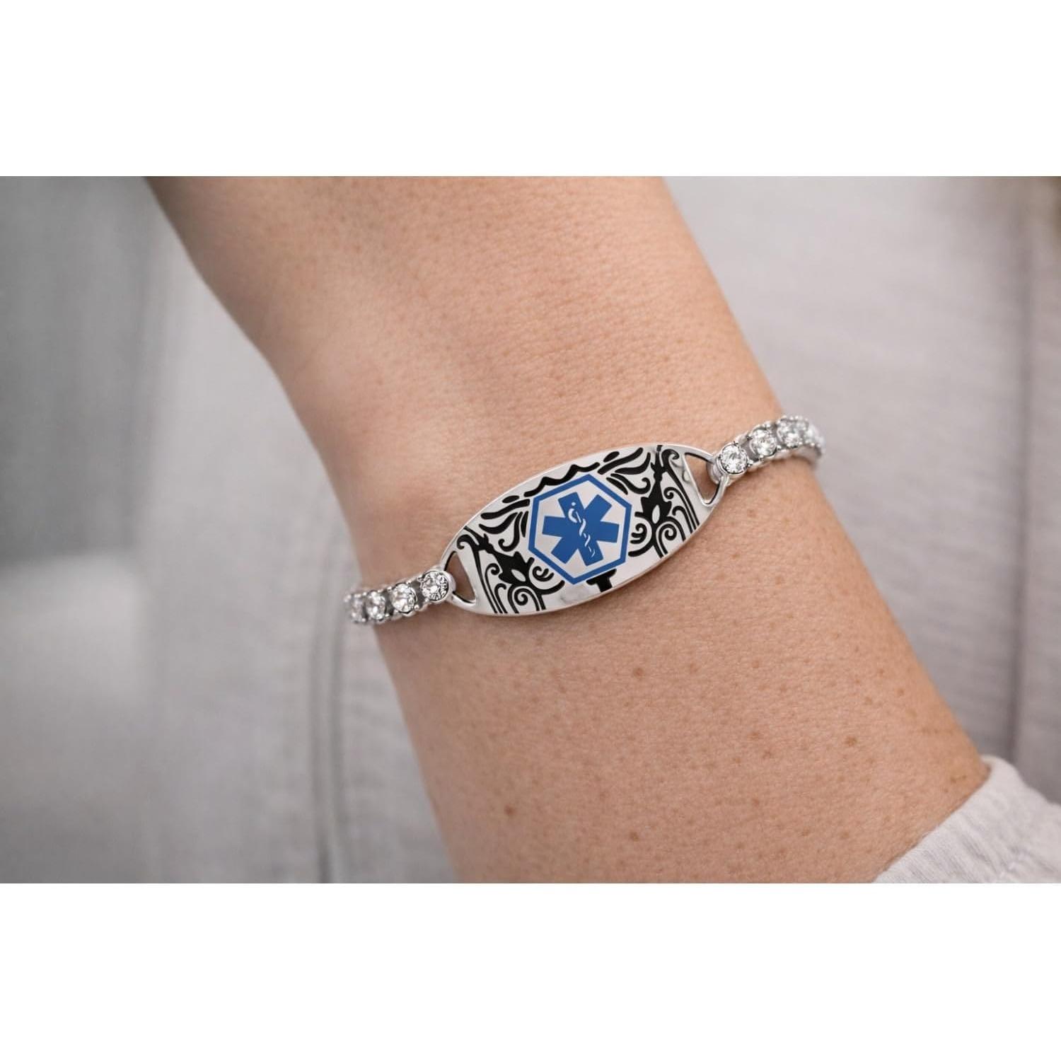 Dynamic QR Code Medical Alert Tennis Bracelet - Stainless Steel - Rhinestone Inlaid, Interchangeable Tag, Dual Lobster Clasps & Extender, Scan to Update Health/Allergy/Emergency Info, Fashion Medical ID Bracelet