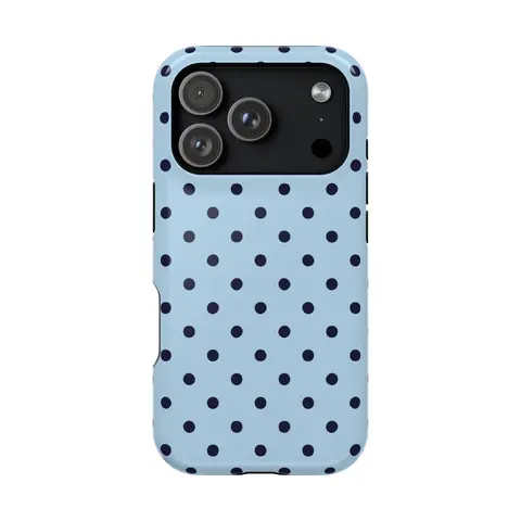 Deep Blue Polka Dot 2-in-1 Rubber Liner-Polycarbonate Smartphone Case, Multi-Model Lightweight Impact-Proof Wireless Charging-Friendly Durable Accessory with Lay-Flat Screen Guard for iPhone 18ProMax,17-11,X & Samsung Devices, Ideal Holiday Gift