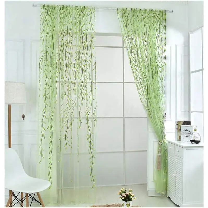 2 count Willow Window Curtain Voile Tulle Room Salix Leaf Sheer Gauze Panel Drapes Green Color for Living Room, Bedroom, Balcony