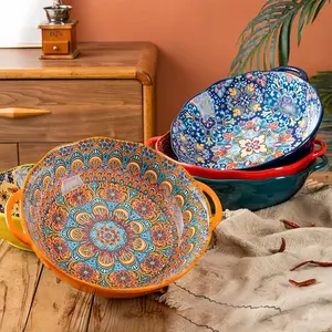 Floral Pattern Ceramic Soup Bowl, 1 Count Large Capacity Bowl with Handle, Heat Resistant Dinnerware Bowl for Salad Mixing, Pasta and Soup, Salad Serving Bowls