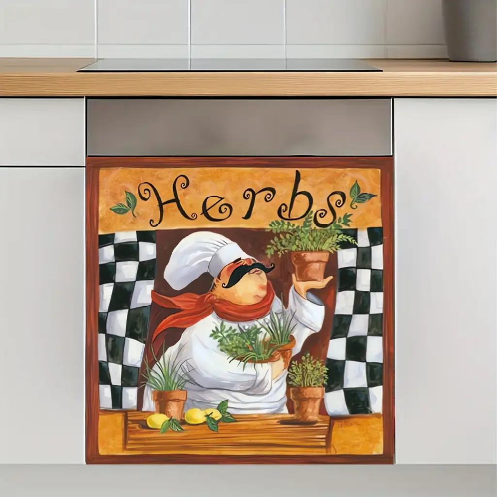 1pc Chef & Herbs wall decal, removable self-adhesive waterproof DIY sticker. Features a chef holding potted plants, creating a warm kitchen atmosphere. Ideal for walls, floors, glass and home decoration.
