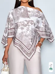 Women's Spring Summer Casual All-Over Printed Top, Asymmetrical Hemline Design, Slim Fit Fashionable Blouse Shirt for Daily Wear