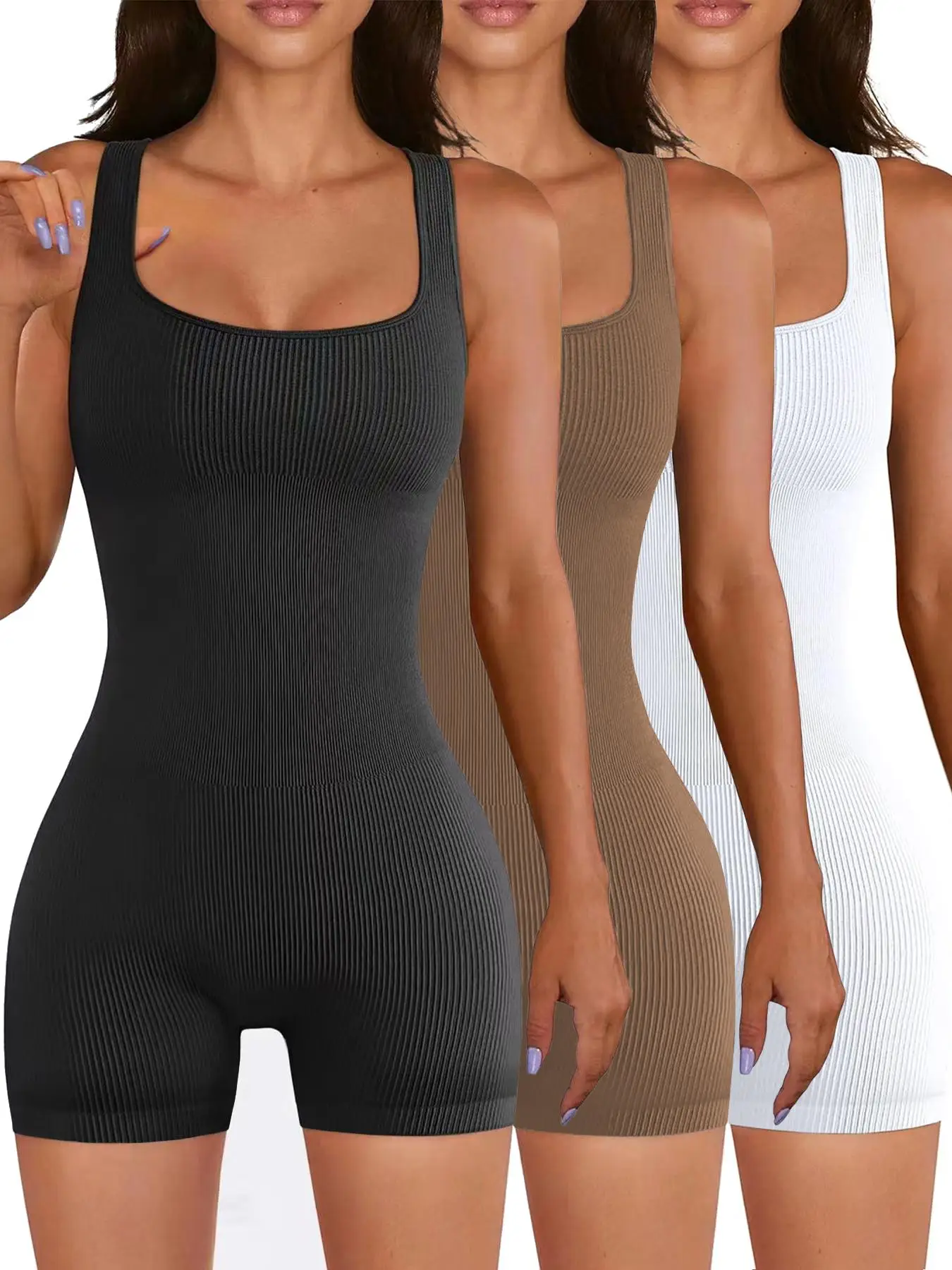 Women's 3pcs Plain Scoop Neck Sports Bodysuit, Casual Flattering Silhouette Snug Fit Sleeveless Ribbed Sports Jumpsuit for Yoga Gym Workout, Ladies Sp