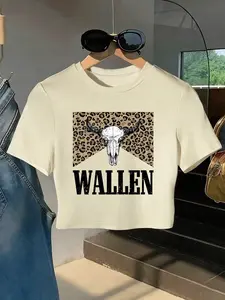 Wallen Bull Skull Leopard Print Crop Tops for Women, Country Music Graphic Tees, Short Sleeve, Round Neck Cropped T-Shirts, Music Festivals, Rodeos, Daily Wear, Gift for Wallen Fans, Gen Z Fashion Lovers