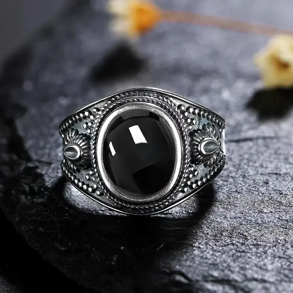 Sterling Silver 925 Vintage Rings Oval 8X10mm Rings Black Onyx Natural Fine Jewelry For Men Women Rhodochrosite Rings