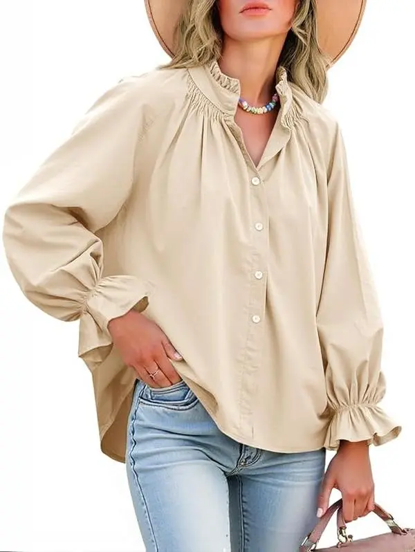 Tankaneo Women's Loose Long-Sleeve Cotton Button-Down Blouse - Puff Sleeves, Pleated V-Neck, Ruffled, Comfy Casual Tops for Layering Outfits, Lightweight Shirts