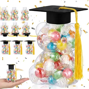 24 Set Graduation Cap Bear Jars Graduation Candy Boxes Containers Plastic Clear Bear Jars with Black Grad Cap and Tassel Grad Gifts Bulk for Party Favors Decorations (200 ml,Clear Eyes)