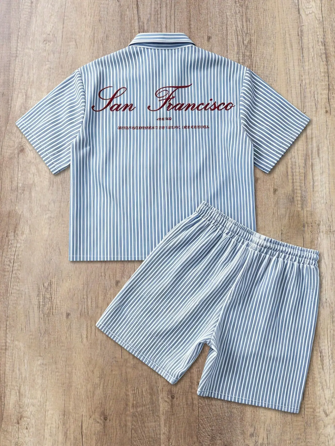 2 Piece Men's Outfit Vintage Classic Blue White Striped Shirt and Shorts Set Matching Sets Loose Baggy Oversized Breathable Menswear for Summer Holiday Beach Daily Casual Wear