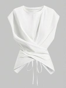 Women's Knitted Round Neck Drop Shoulder Sleeve T-Shirt, Fashion Casual Asymmetrical Ruched Cross Cutout Back Tie Top