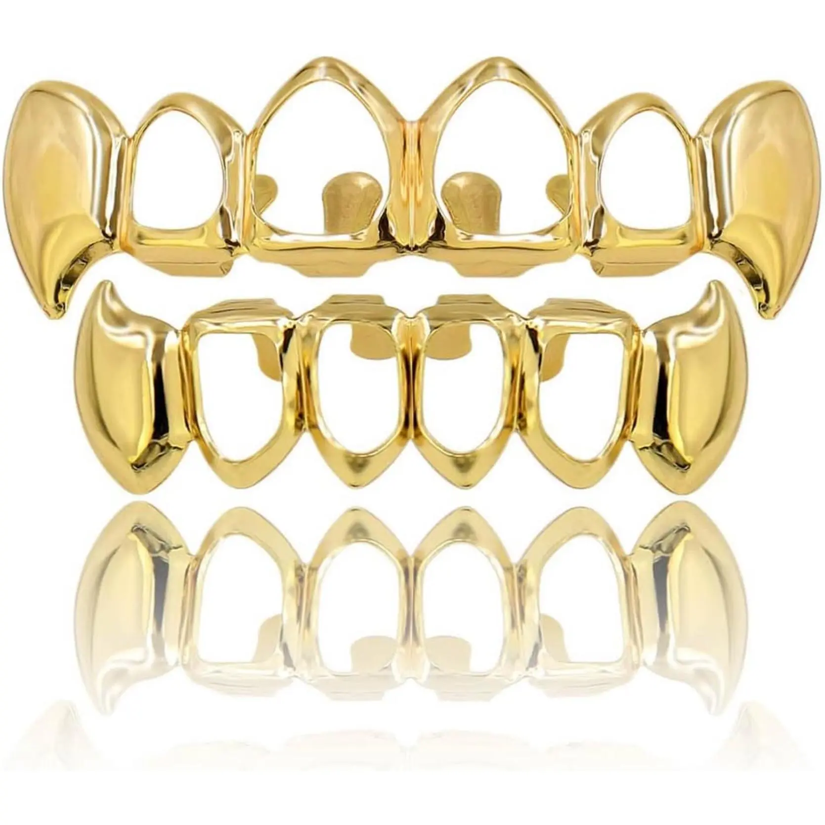 Vampire Teeth Grillz Grills for Your Teeth 14K Gold Plated Vampire Fangs Open Face Gold Grillz for Men Women Hip Hop Cosplay Rapper Costume Accessory (Extra 2 Molding Bars)