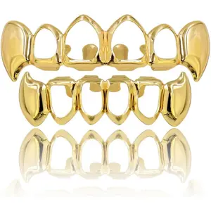 Vampire Teeth Grillz Grills for Your Teeth 14K Gold Plated Vampire Fangs Open Face Gold Grillz for Men Women Hip Hop Cosplay Rapper Costume Accessory (Extra 2 Molding Bars)