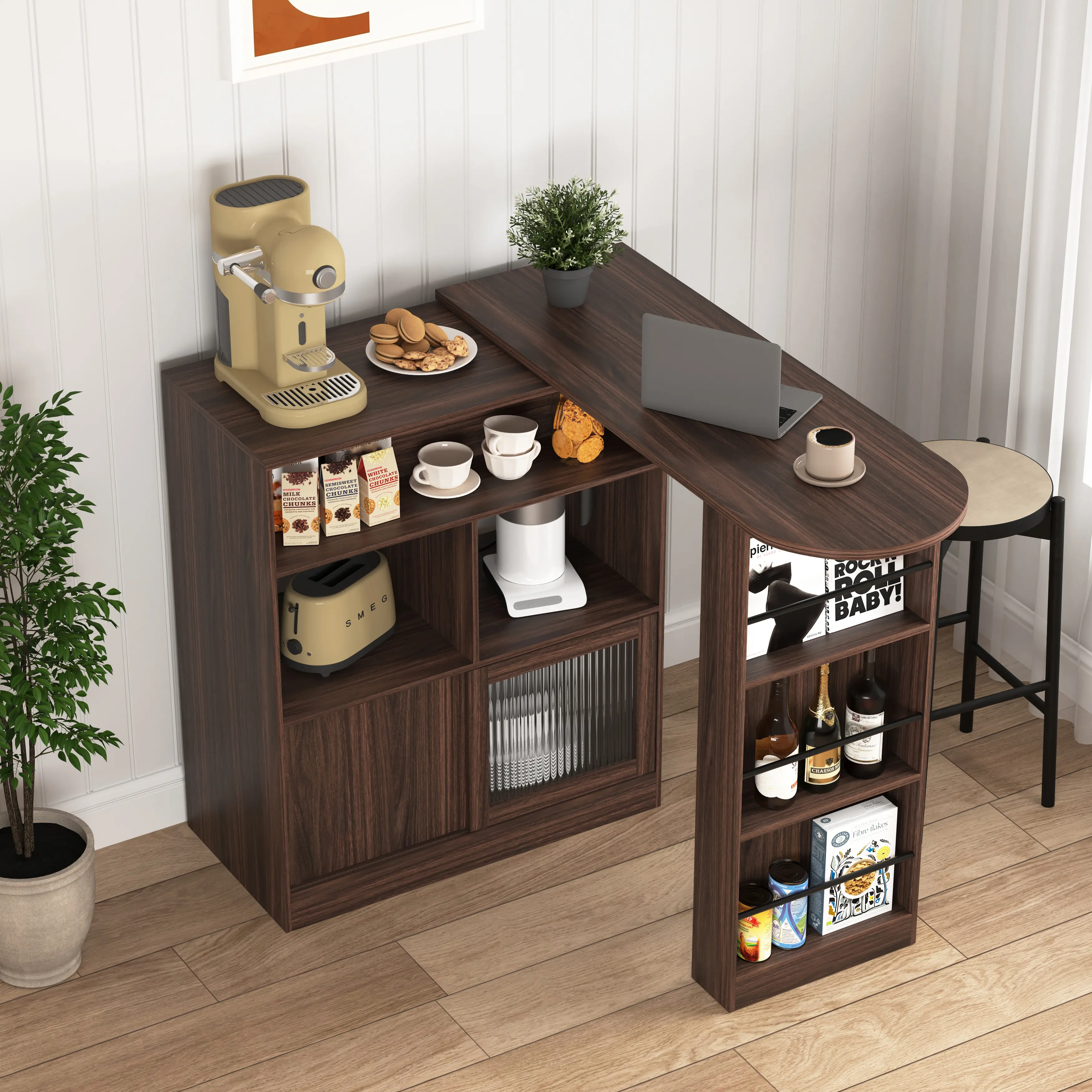 Modern Walnut Bar Cabinet with Rotating Top, 6 Storage Compartments, 2 Ribbed Glass Doors and 3 Open Shelves for Kitchen, Dining or Living Room