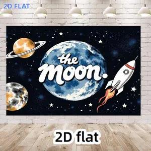2D Flat Banner 1pc, A Banner Illustration of a Scene in a Two-Dimensional Space on a White Brick Wall—Featuring a Blue And White Moon Yellow-Orange Orbiting Planets Gray-Yellow Spotted Planets a Red-Striped White Rocket a Nebula B