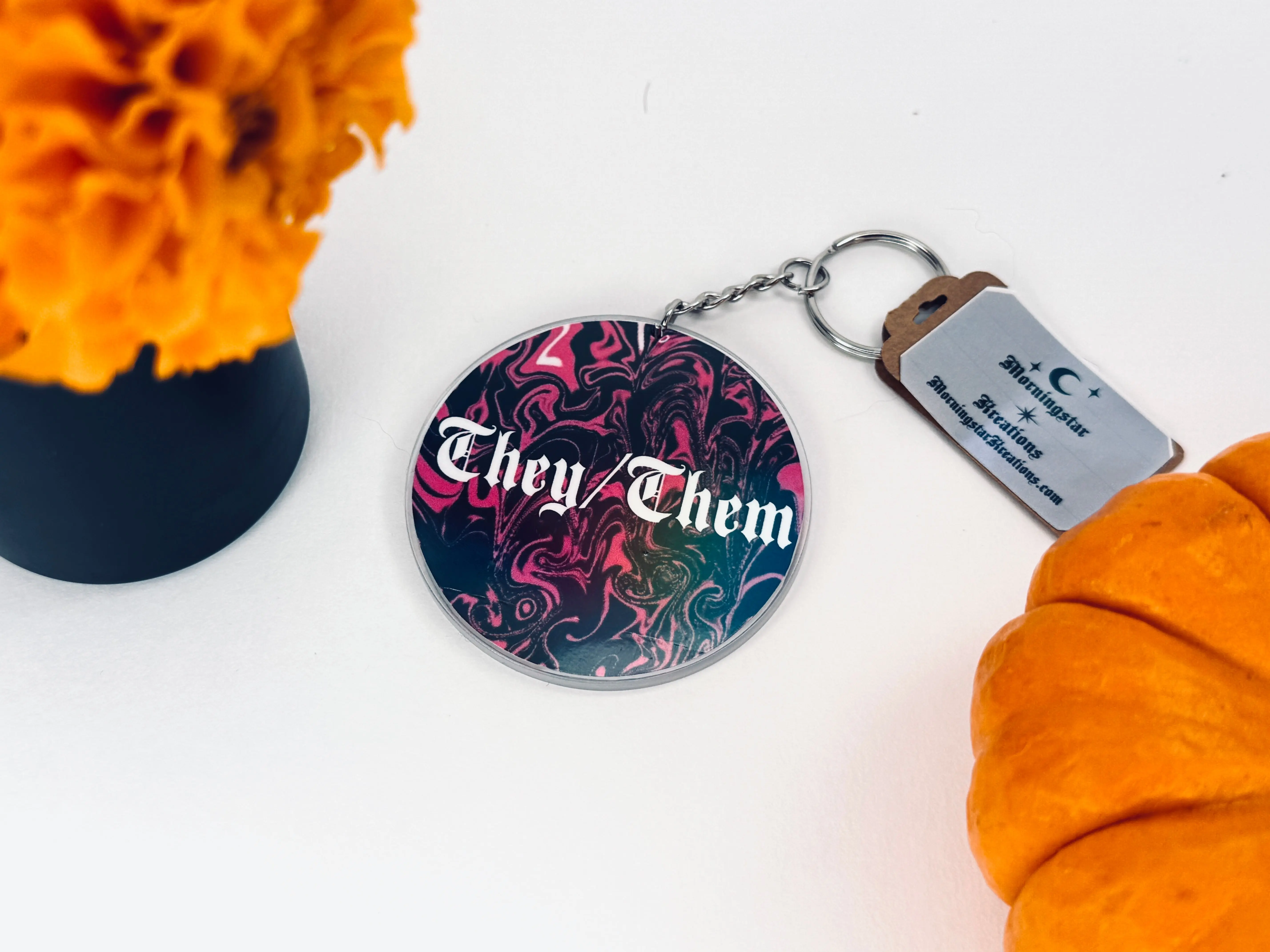 Holographic Circle Pronoun Acrylic Keychain with Waterproof Vinyl