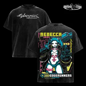 Rebecca – Cyberpunk: Edgerunners Anime Double Printed Vintage Washed Tee, Oversized Heavyweight Cotton T-Shirt, Unisex Anime Manga Streetwear, Animecore Graphic Shirt