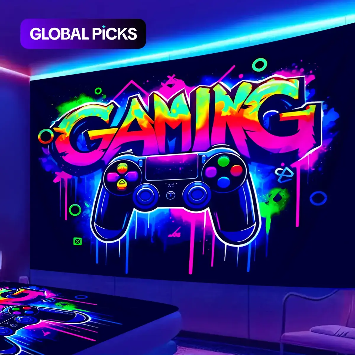 Game Controller Pattern Tapestry, UV Reactive Black Light Tapestry, Game Controller Neon Light Effect Wall Hanging, Bedroom Aesthetic Art Decoration Wall Tapestries#GLOBAL PICKS Personalized Wall Decor