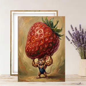 A valiant and robust anthropomorphic mouse pop art canvas piece, framed in wood, with strawberry motifs, suitable for decorating living rooms, bedrooms, and children's rooms.