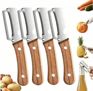 Kitchen Multi-function Stainless Steel Thickened Fruit Peeler Knife,Multifunctional Vegetable Peeler,Vegetable Peele Wood Handle,Multifunctional Peele 2 in 1,for Peeling&Opening Bottles (2pcs and 4pcs)