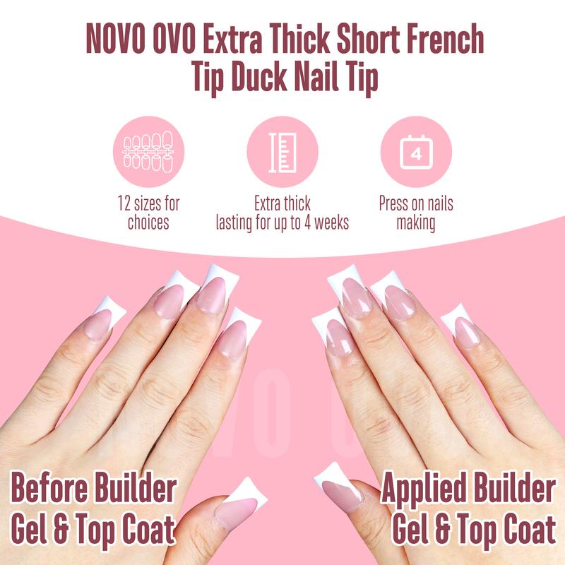 NOVO OVO French Tip Short Duck Nail Tips Press on, Pre-designed Soft Gel Nail Extension, BERRY PINK Pre-applied Tip Primer & Base Coat, Full Cover Matte Vrial False Nails for DIY x 12 Sizes 240 pcs【NO GLUE ,TOP COATAND LAMP INCLUDED】