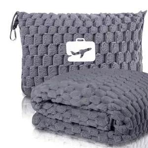 2 in 1 Travel Flannel Throw Blanket with Pillow, 1 Count Portable Foldable Shawl with Storage Bag, Versatile Foldable Shawl for Office, Sofa, Airplane and Car