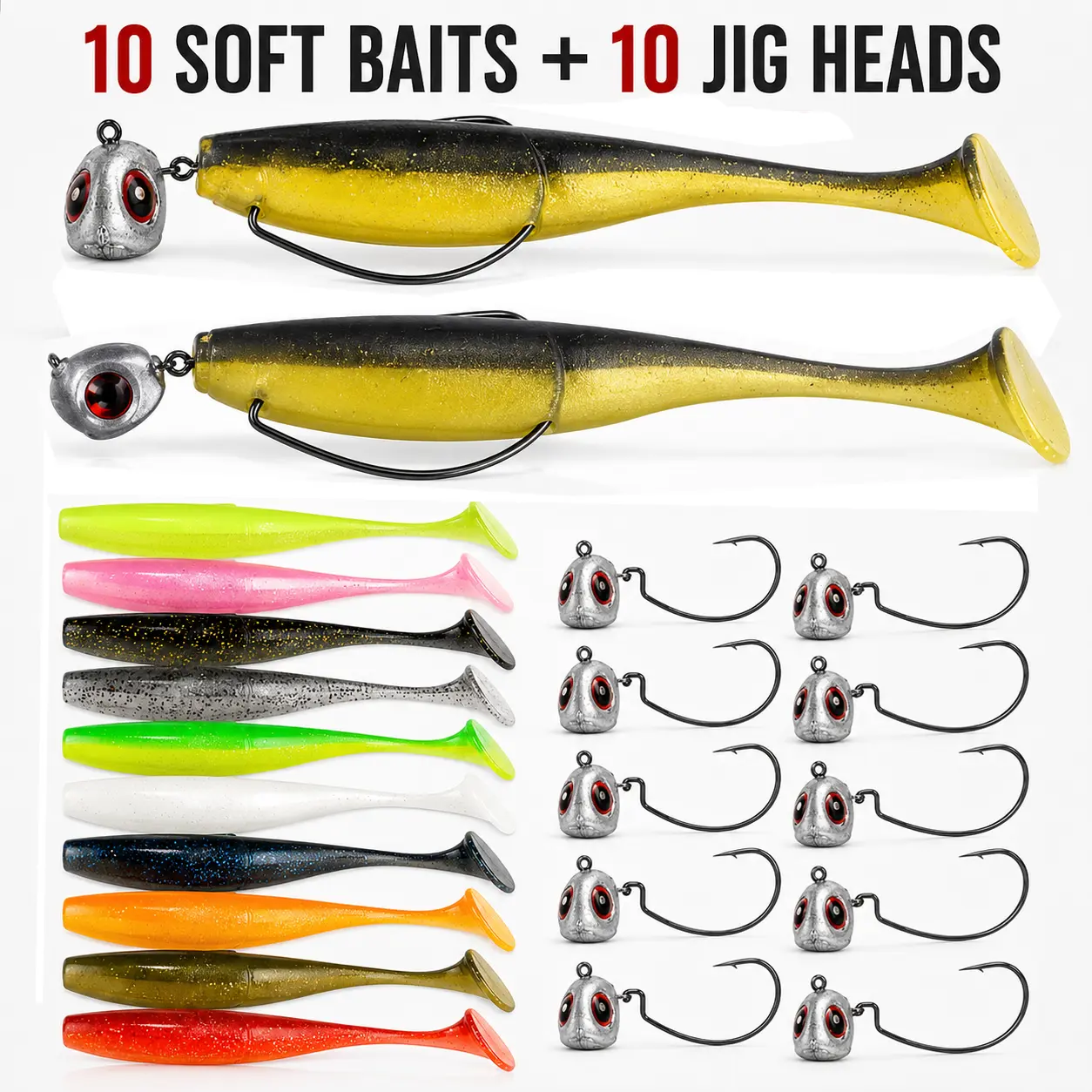 20PCS Swimbait Fishing Lure Kit, 10 Paddle Tail Soft Baits + 10 Free-Swinging Jig Heads, 4.72in Soft Plastic Lures with 3/0 Hooks for Bass Fishing