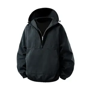 Men’s Half-Zip Hooded Jacket — Trendy Loose Workwear Style Pullover Casual Cotton Jacket