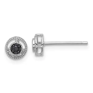 Sterling Silver RH-plated Polished/Beaded Black Spinel Circle Post Earrings