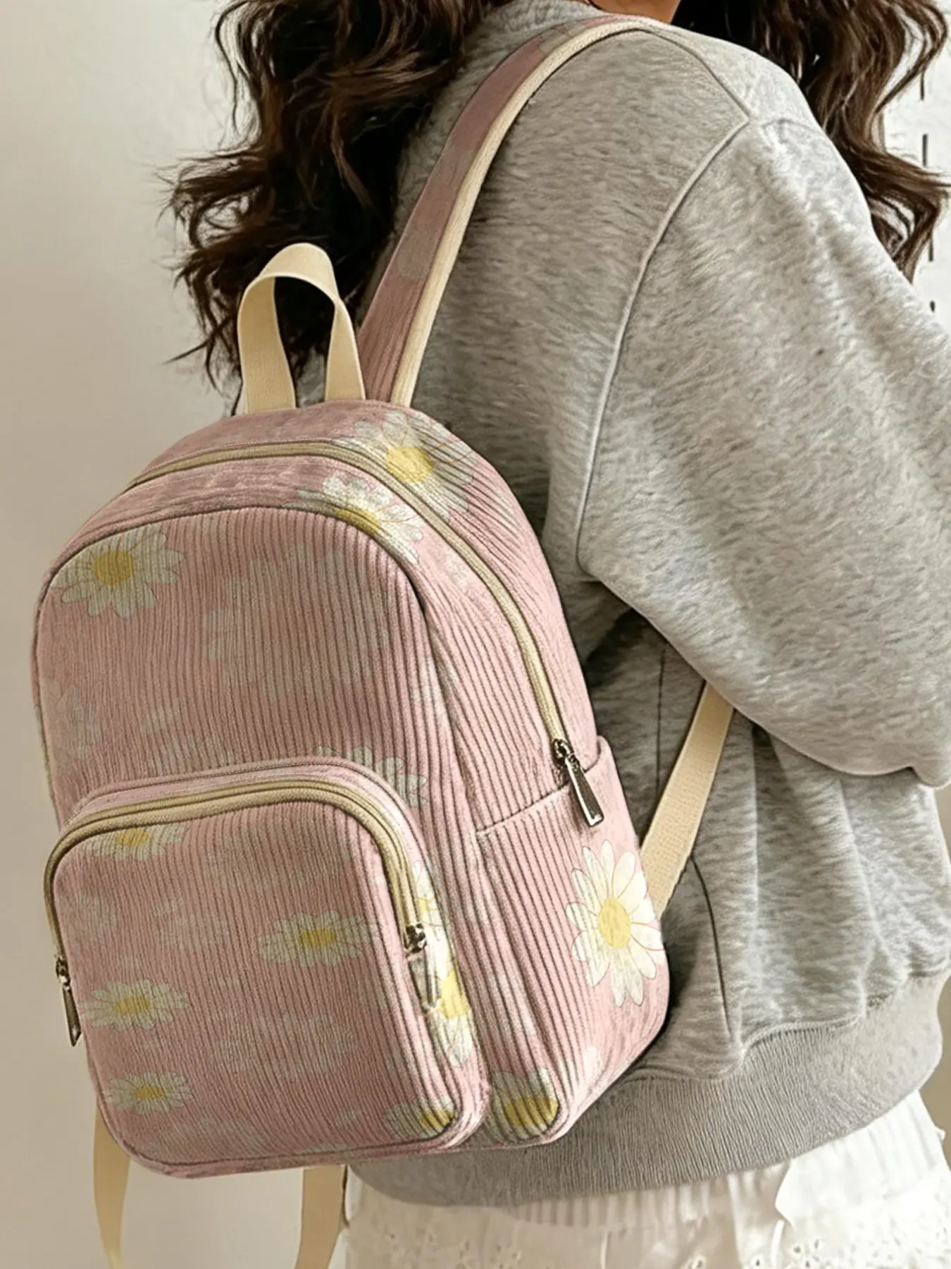 1 piece of pink daisy pattern 2D printed ladies' backpack, corduroy texture + layered storage + light weight reduction | perfect for students going to class/shopping/short trips | combines atmosphere with practicality