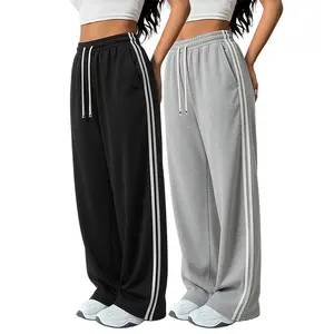Women's 2-Pack Polyester Striped Sweatpants - American Retro Straight-Leg High-Street Drawstring Joggers, Activewear Bottoms for Spring-Summer Casual & Sports Use, Women's Clothes Polyester Pants
