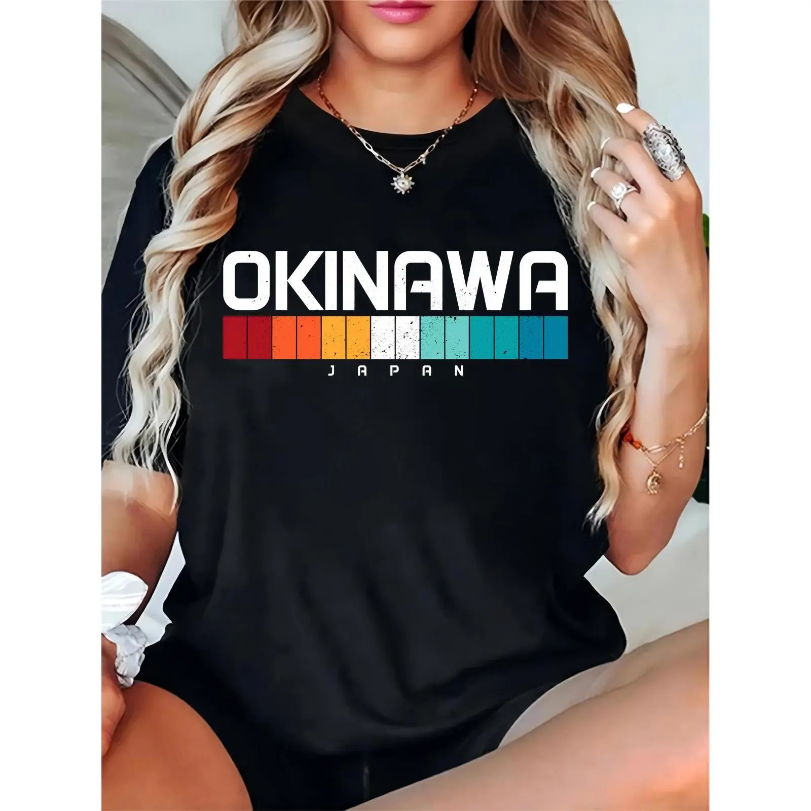 Women's Black Vintage Okinawa Japan Graphic T-Shirt with Colorful Striped Accents | Casual Daily, Travel, Vacation Outfit for Women, Skirts, Day, Basic, Comfortable, Shortsleeve, Essential, Cotton