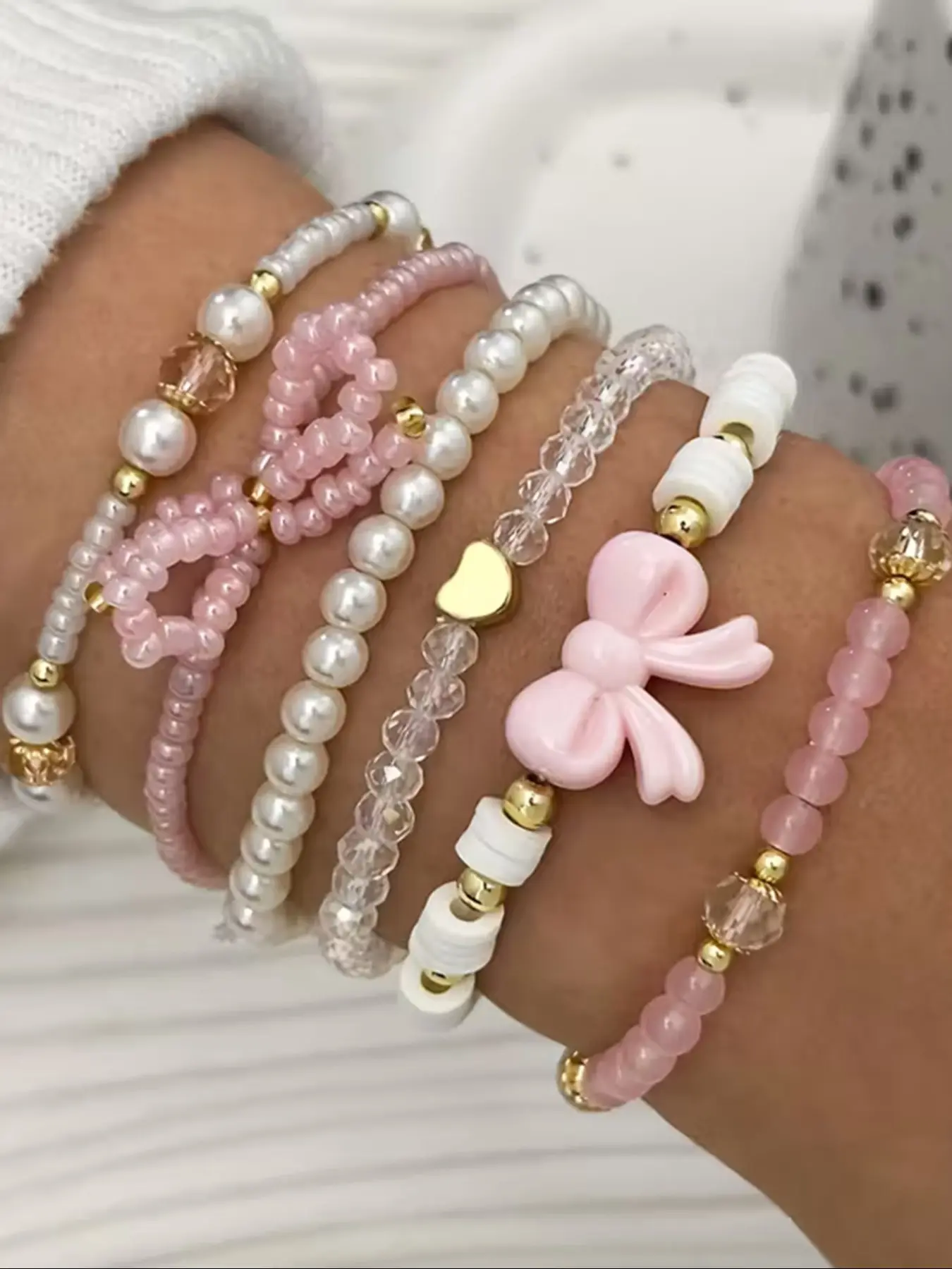 6 Pcs Glass Bead Faux Pearl Soft Clay Stackable Beaded Bracelet Sets, Cute Y2K Bow Heart Design, Handmade Layered Wear Jewelry for Women, Fashionable Bracelet