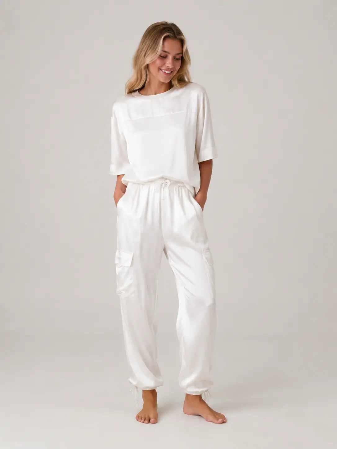 Women's 2-Piece Satin Cargo Pants Set - Fashion Crew Neck Plain Half-Sleeve T-Shirt, High-Waist Ankle-Length Pocket Pants, Everyday Comfortable Chic Clothes for Casual Summer Lounge