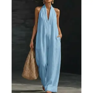 2026 Women Summer Sleeveless Halter Jumpsuit Loose Wide Leg Solid Color Long Pants Elegant Fashion Vacation Style Women's Sports Jumpsuits