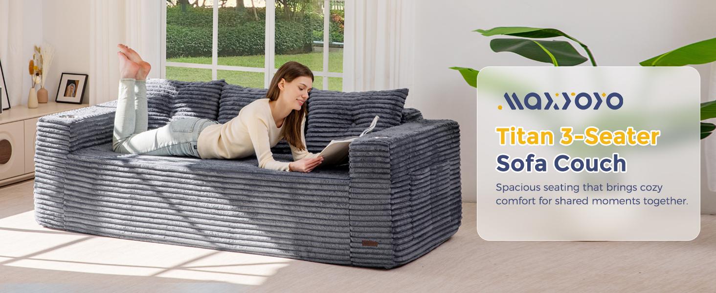 MAXYOYO 79" Oversized Boneless Loveseat Sofa Couch for Small Spaces, Mini Love Seat Floor Couch with Cup Holders and Pillows, 3-Seater Upholstered Cloud Couch for Bedroom, No Assembly Required