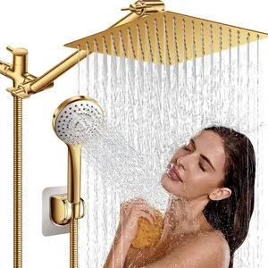 High Pressure Rainfall Shower Head/Handheld Shower Combo with 11" Adjustable Extension Arm, 5 Spray Settings Shower Heads with 60" Hose Anti-leak (Gold), 10"